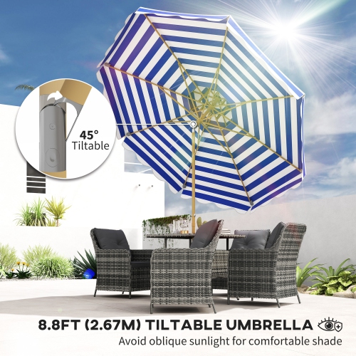 Outsunny 9FT Patio Umbrella, 45° Tilting Parasol with 8 Ribs, Crank, UPF 50+, 2-Tier Vented Patio Table Umbrella for Garden, Deck, Poolside, Blue