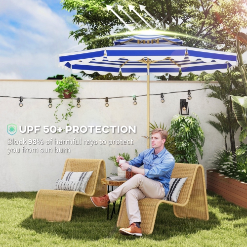 Outsunny 9FT Patio Umbrella, 45° Tilting Parasol with 8 Ribs, Crank, UPF 50+, 2-Tier Vented Patio Table Umbrella for Garden, Deck, Poolside, Blue