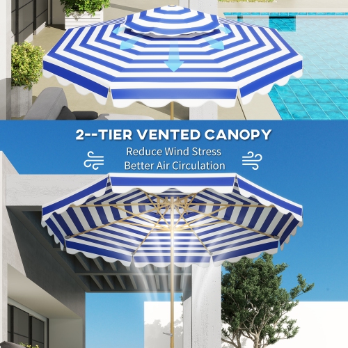 Outsunny 9FT Patio Umbrella, 45° Tilting Parasol with 8 Ribs, Crank, UPF 50+, 2-Tier Vented Patio Table Umbrella for Garden, Deck, Poolside, Blue