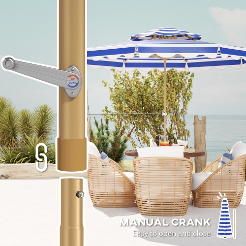 Outsunny 9FT Patio Umbrella, 45° Tilting Parasol with 8 Ribs, Crank, UPF 50+, 2-Tier Vented Patio Table Umbrella for Garden, Deck, Poolside, Blue