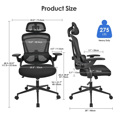 Ergonomic Mesh Office Chair, High Back Computer Desk Chair with Flip-Up Armrests, Adjustable Headrest and Lumbar Support
