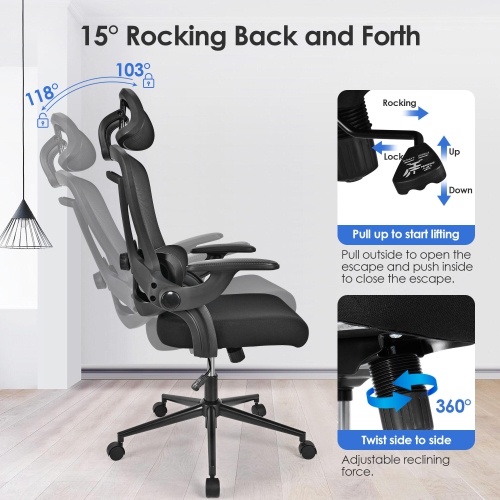 Ergonomic Mesh Office Chair, High Back Computer Desk Chair with Flip-Up Armrests, Adjustable Headrest and Lumbar Support