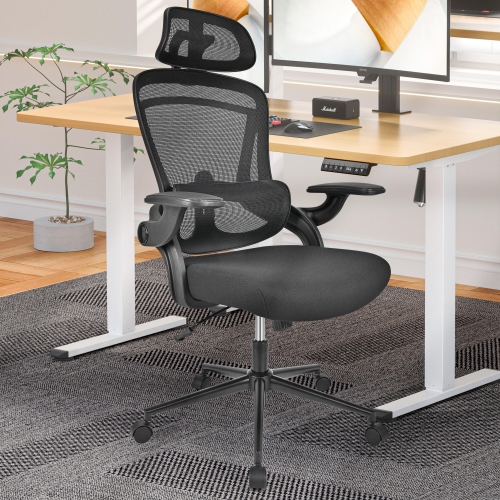 Ergonomic Mesh Office Chair, High Back Computer Desk Chair with Flip-Up Armrests, Adjustable Headrest and Lumbar Support