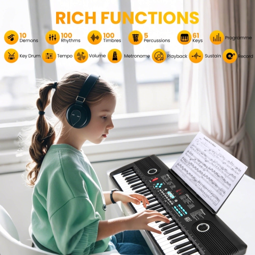 Costway 61 Keys Kids Piano Keyboard with Carry Bag Microphone Sheet Stand Power Supply