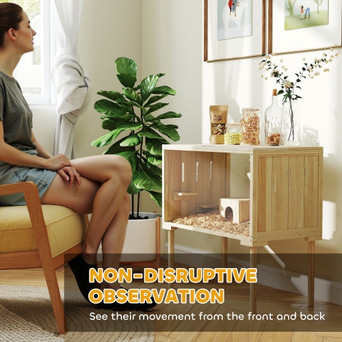 PawHut Large Hamster Cage, 28"Length Wooden Hamster Cage for Syrian, Dwarf, Gerbil, Hamster Habitat with Seesaw, Water Bottle, Food Dish, Hut,