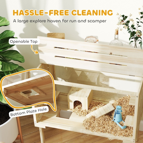 PawHut Large Hamster Cage, 28"Length Wooden Hamster Cage for Syrian, Dwarf, Gerbil, Hamster Habitat with Seesaw, Water Bottle, Food Dish, Hut,