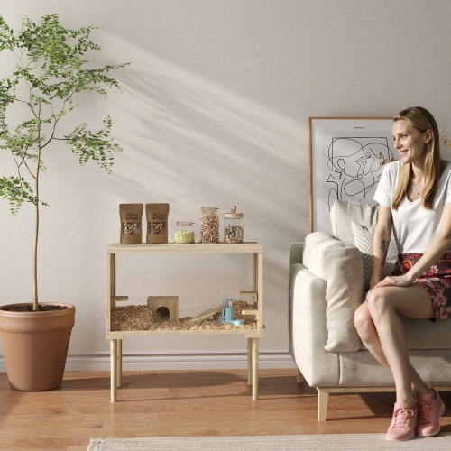 PawHut Large Hamster Cage, 28"Length Wooden Hamster Cage for Syrian, Dwarf, Gerbil, Hamster Habitat with Seesaw, Water Bottle, Food Dish, Hut,