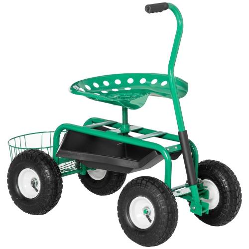 Outsunny Garden Scooter, Rolling Cart with Swivel and Adjustable Seat, Tool Tray, Bucket Basket, Green and Black
