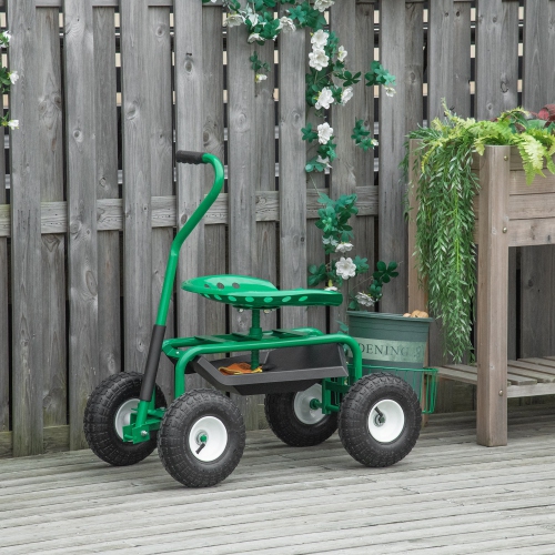 Outsunny Garden Scooter, Rolling Cart with Swivel and Adjustable Seat, Tool Tray, Bucket Basket, Green and Black