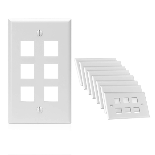 Cmple - 6 Port Keystone Wall Plate White with Standard Size Keystone Jack Plate Insert 1 Gang Ethernet Wall Plate for RJ45 Keystone, Modular Inserts