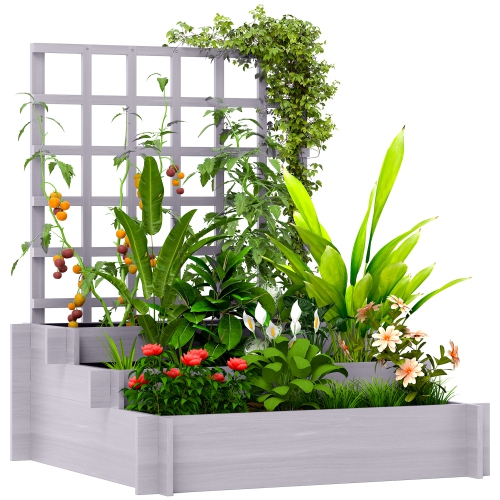 OUTSUNNY  3 Tier Raised Garden Bed \w Trellis for Climbing Plants, 43.3" Wooden Elevated Planter Box for Garden, Outdoor to Grow Vegetables, Flowers