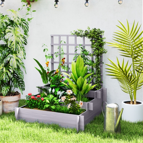 Outsunny 3 Tier Raised Garden Bed with Trellis for Climbing Plants, 43.3" Wooden Elevated Planter Box for Garden, Outdoor to Grow Vegetables,