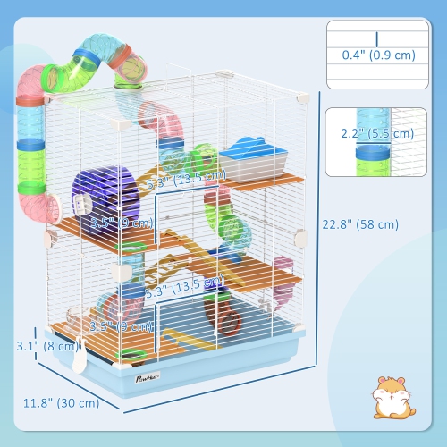 PawHut 5 Tiers Hamster Cage Portable Animal Travel Carrier Habitat with Exercise Wheels Play Tube Water Bottle Dishes House Ladder for Gerbils, Light