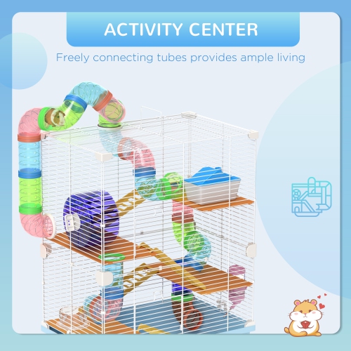 PawHut 5 Tiers Hamster Cage Portable Animal Travel Carrier Habitat with Exercise Wheels Play Tube Water Bottle Dishes House Ladder for Gerbils, Light