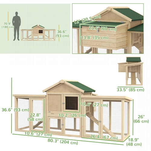 PawHut 80" Chicken Coop, Wooden Hen House Large Rabbit Hutch Poultry Cage Pen with Nesting Box, Run, Ramp, Drawer, for Outdoor Backyard Garden