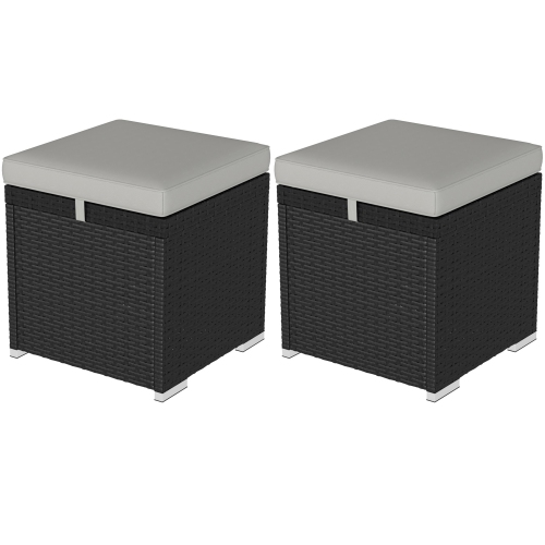 Image 1 de 9.. Pouf extérieur en osier Outsunny de 2 pièces avec rangement, pouf de rangement en rotin PE avec coussin amovible, repose-pieds carré pour