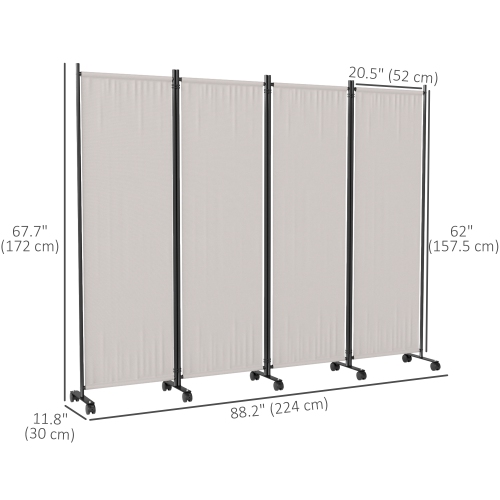 Outsunny 4 Panel Folding Room Divider with Lockable Wheels, 5.6ft Rolling Privacy Screen, Portable Freestanding Room Partition Separator for Home
