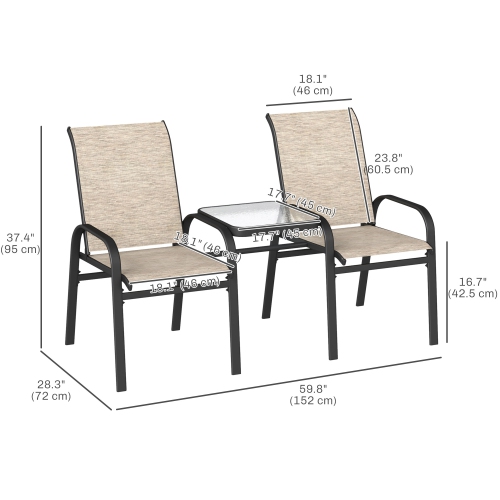 Outsunny Outdoor Patio Loveseat, Outdoor Bench with Glass Table, Garden Bench with Breathable Mesh Seat, High Back, Armrests, 2-Seater Patio