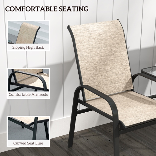 Outsunny Outdoor Patio Loveseat, Outdoor Bench with Glass Table, Garden Bench with Breathable Mesh Seat, High Back, Armrests, 2-Seater Patio