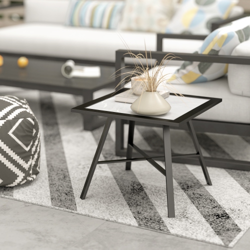 Outsunny Patio Side Table, Small Outdoor Side Table with SPC Tabletop, Metal Frame and Foot Pads for Garden, Patio, Lawn, Balcony, Grey