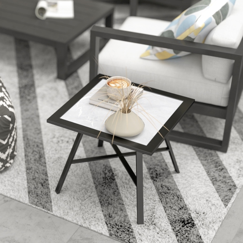 Outsunny Patio Side Table, Small Outdoor Side Table with SPC Tabletop, Metal Frame and Foot Pads for Garden, Patio, Lawn, Balcony, Grey