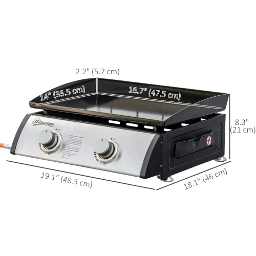Outsunny Liquefied Gas Grill with 2 Stainless Steel Burners, Portable Tabletop Gas BBQ with Non-Stick Griddle, 90000 Each Burner for Camping, Picnic,
