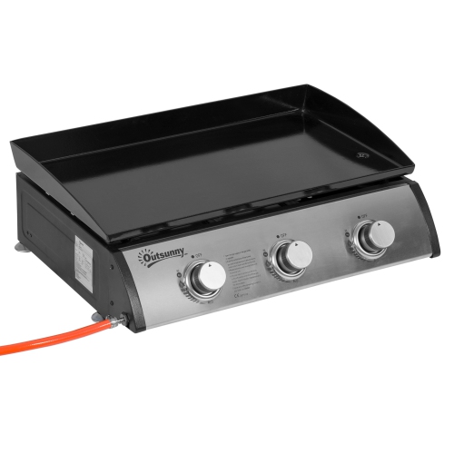 Image 1 de 9.. Outsunny Liquefied Gas Grill with 3 Stainless Steel Burners, Portable Tabletop Gas BBQ with Non-Stick Griddle, 90000 Each Burner for Camping, Picnic,