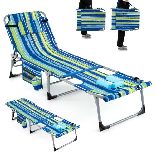 GYMAX  Folding Chaise Lounge Chair Sunbathing Recliner W/ Face Hole & Removable Pillow In Navy Blue
