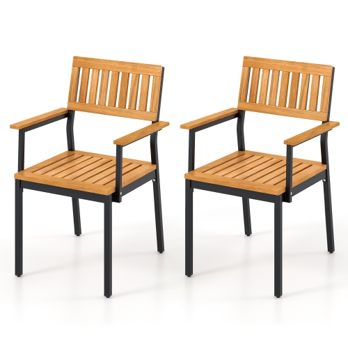 GYMAX  Dining Chair Set Of 2 W/acacia Wood Backrest Slanted Seat Comfortable Armrests