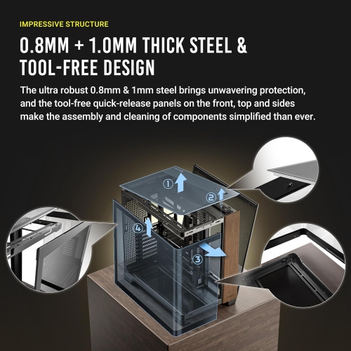 C8 d'Antec en bois courbé, ventilateurs non inclus, panneau avant en bois, verre incurvé simple et très grand angle