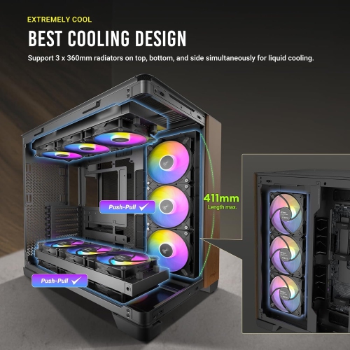 C8 d'Antec en bois courbé, ventilateurs non inclus, panneau avant en bois, verre incurvé simple et très grand angle