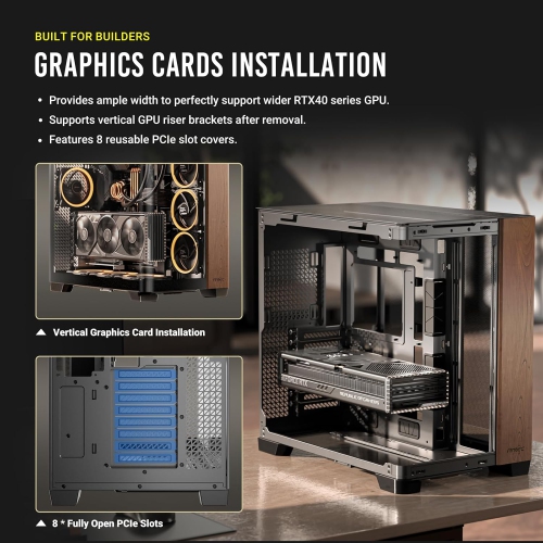 C8 d'Antec en bois courbé, ventilateurs non inclus, panneau avant en bois, verre incurvé simple et très grand angle