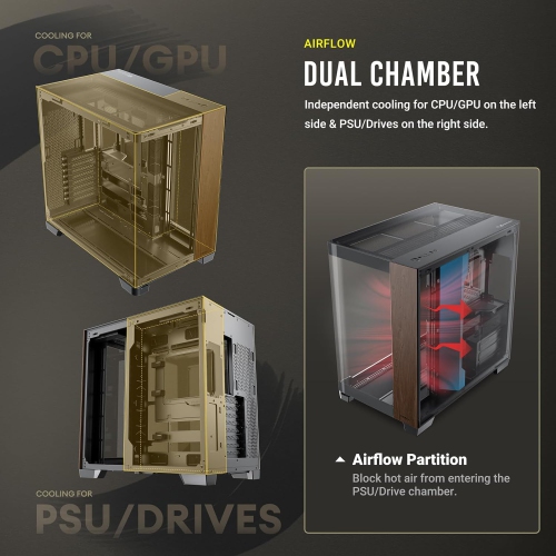 C8 d'Antec en bois courbé, ventilateurs non inclus, panneau avant en bois, verre incurvé simple et très grand angle