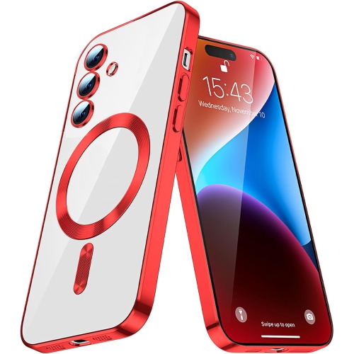 TopSave Soft Clear Case for Samsung Galaxy S25 6.2-inch, Camera Lens Full Protection, with MagSafe, Shockproof Electroplated TPU Cover, Red