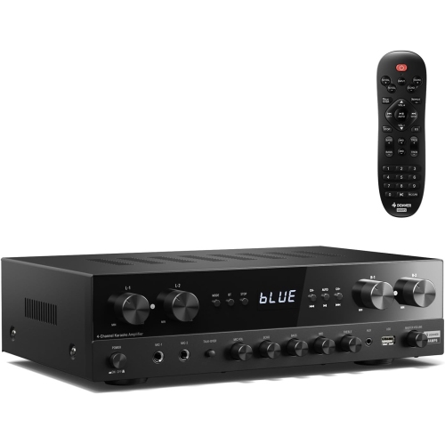 Donner Stereo Receivers Home Audio Amplifier, Premium 1000W Max Power 4 Channel Amplifier with Bluetooth 5.0, USB, FM, 2 Mic-in, Echo, RCA, Fiber/Coa