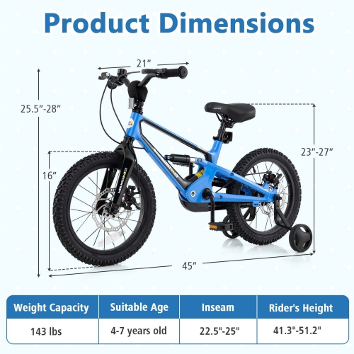 Costway 16 Inch Children Bicycle with Training Wheels & Double Disc Brakes Adjustable Seat Magnesium Alloy