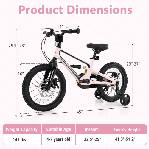 Costway 16 Inch Children Bicycle with Training Wheels & Double Disc Brakes Adjustable Seat Magnesium Alloy