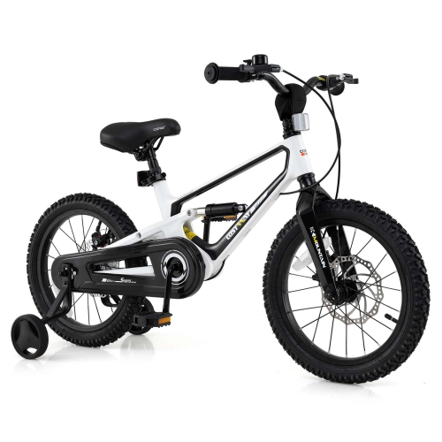 Image 1 de 10.. Vélo pour enfants de 16&nbsp;po de Costway avec roues stabilisatrices et freins à double disque, siège ajustable en alliage de magnésium