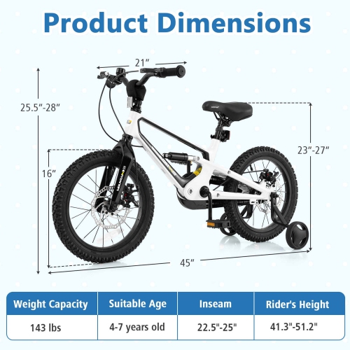 Costway 16 Inch Children Bicycle with Training Wheels & Double Disc Brakes Adjustable Seat Magnesium Alloy