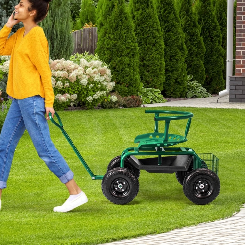 Costway Rolling Garden Cart Height Adjustable Scooter with Swivel Seat & Tool Storage