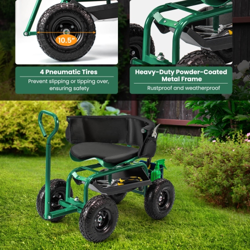 Costway Rolling Garden Cart Height Adjustable Scooter with Swivel Seat & Tool Storage