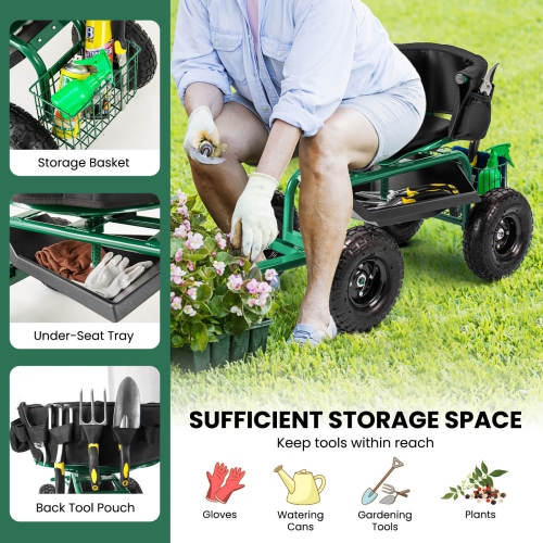 Costway Rolling Garden Cart Height Adjustable Scooter with Swivel Seat & Tool Storage
