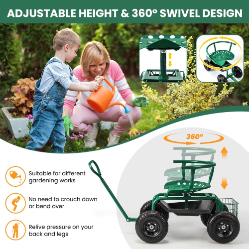 Costway Rolling Garden Cart Height Adjustable Scooter with Swivel Seat & Tool Storage