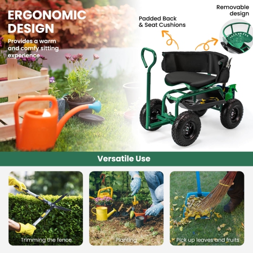 Costway Rolling Garden Cart Height Adjustable Scooter with Swivel Seat & Tool Storage