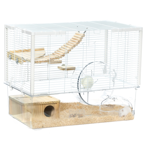 PawHut Hamster Cage, Transparent Small Animal House with Deep Bottom, Wooden Ramp, Hut, Bathroom and Exercise Wheel for Hamster and Gerbil, 23.2" L x