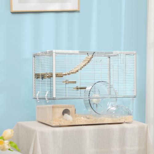 PawHut Hamster Cage, Transparent Small Animal House with Deep Bottom, Wooden Ramp, Hut, Bathroom and Exercise Wheel for Hamster and Gerbil, 23.2" L x