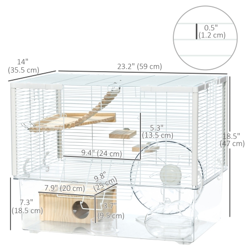 PawHut Hamster Cage, Transparent Small Animal House with Deep Bottom, Wooden Ramp, Hut, Bathroom and Exercise Wheel for Hamster and Gerbil, 23.2" L x
