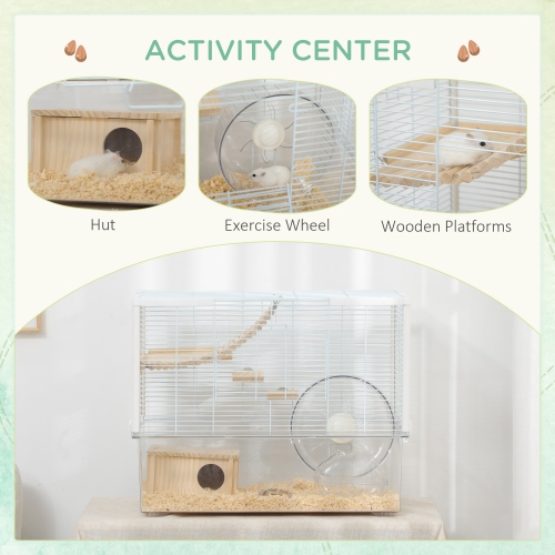 PawHut Hamster Cage, Transparent Small Animal House with Deep Bottom, Wooden Ramp, Hut, Bathroom and Exercise Wheel for Hamster and Gerbil, 23.2" L x