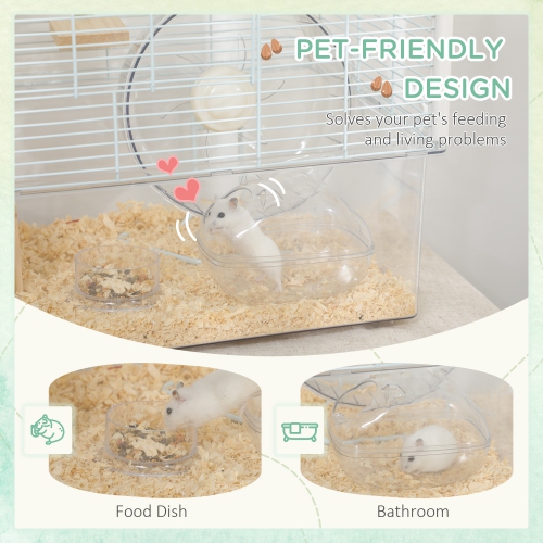 PawHut Hamster Cage, Transparent Small Animal House with Deep Bottom, Wooden Ramp, Hut, Bathroom and Exercise Wheel for Hamster and Gerbil, 23.2" L x