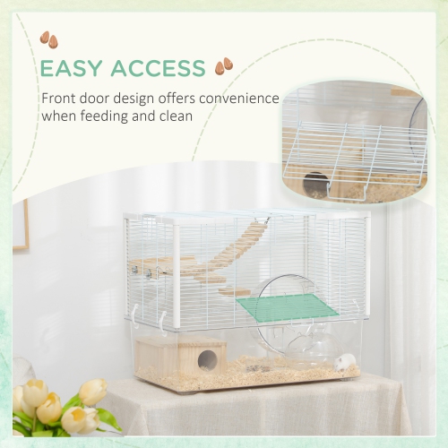 PawHut Hamster Cage, Transparent Small Animal House with Deep Bottom, Wooden Ramp, Hut, Bathroom and Exercise Wheel for Hamster and Gerbil, 23.2" L x